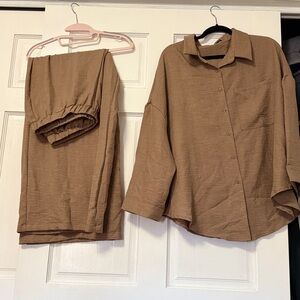 Brown Button-Up Shirt and Pants Set
